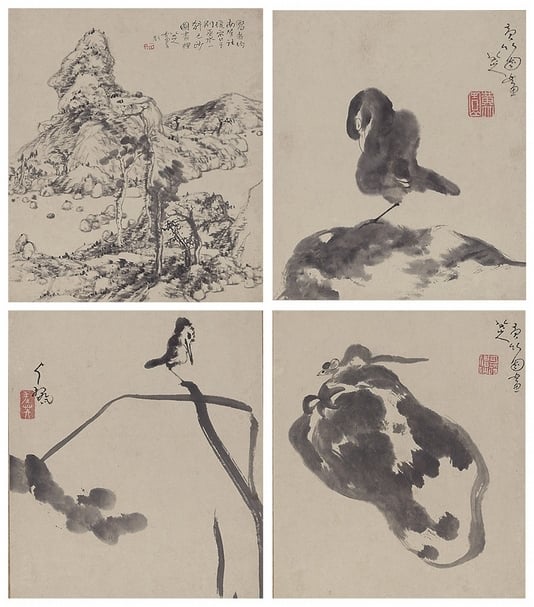 圖16 清．八大山人1694年作〈安晚帖〉，20開其中四開，日本泉屋博古館。圖∣泉屋博古館