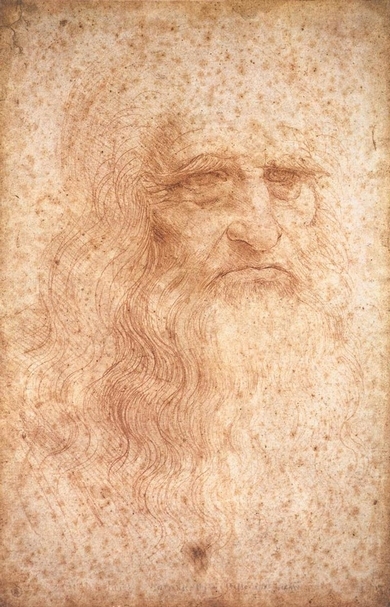 《達文奇自畫像》．紅堊筆紙本．33×21 cm．約 1510-1515．義大利杜林（Turin）皇家圖書館（Biblioteca Reale）。