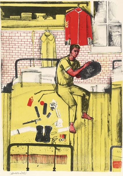 米頓John Minton│白廳更衣室裡的騎兵衛隊Horseguards in their Dressing Rooms at Whitehall Lithograph on paper 42.3x30cm 1953 © The estate of John Minton 圖片提供:泰特英國美術館