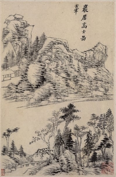 圖1 董其昌〈仿古山水冊〉，美國大都會藝術博物館藏。圖為其中一開。現展於「溪山無盡：中國山水畫傳統」。圖╱大都會藝術博物館。