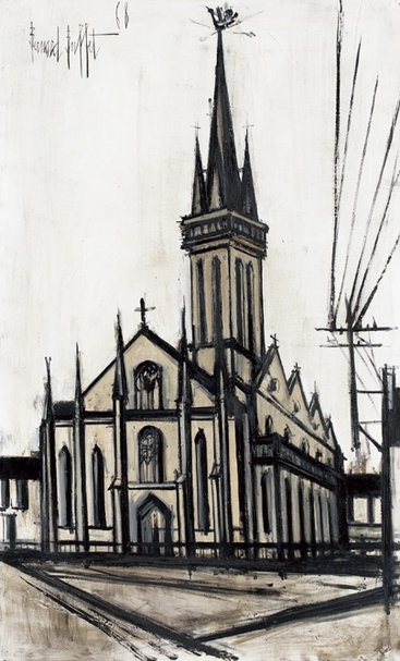 畢費 Bernard Buffet，《Eglise de Saint Pol De Leon》，146×89cm，1968年作，油彩・畫布・鏡框，左上方簽名、紀年・背面Maurice Garnier畫室章，附 Maurice Garnier & Ida Garnier 鑑定證書，預估價：1200萬-1700萬日圓。圖片提供：日本東京iART