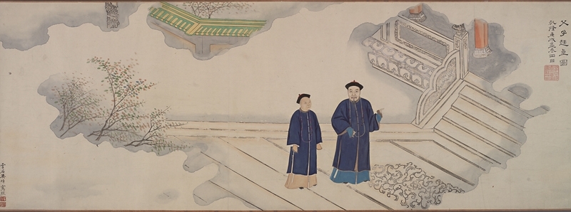圖6 清代乾隆朝吳焯1790年作〈父子趨直圖〉，設色紙本手卷，加拿大多倫多皇家安大略博物館藏。Courtesy of the Royal Ontario Museum, ©ROM, Photo Credit：Brian Boyle, MPA, FPPO。