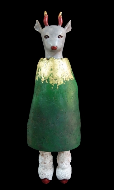 夏愛華 妖精湖的湖 漆、麻、金箔、岩彩、樟木 162x53x30cm 2017 圖片提供：朝代畫廊