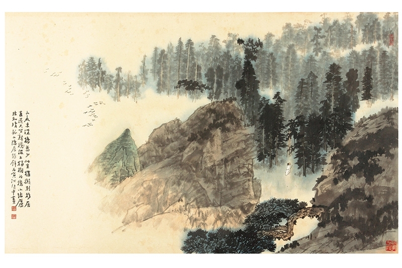 江兆申，林木幽深，設色 紙本 鏡框，1986年作，61×98cm，預估價：650,000台幣。圖片提供：台北瀚宇拍賣
