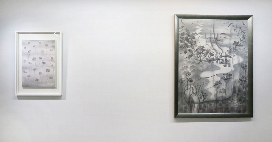 藝術家劉信義作品。左：《輕盈的牽引》．水墨絹本設色．64×44 cm．2017；右：《也許我們都遙望著絕望與希望》．水墨絹本設色．100×134 cm．2017。攝影：楊椀茹