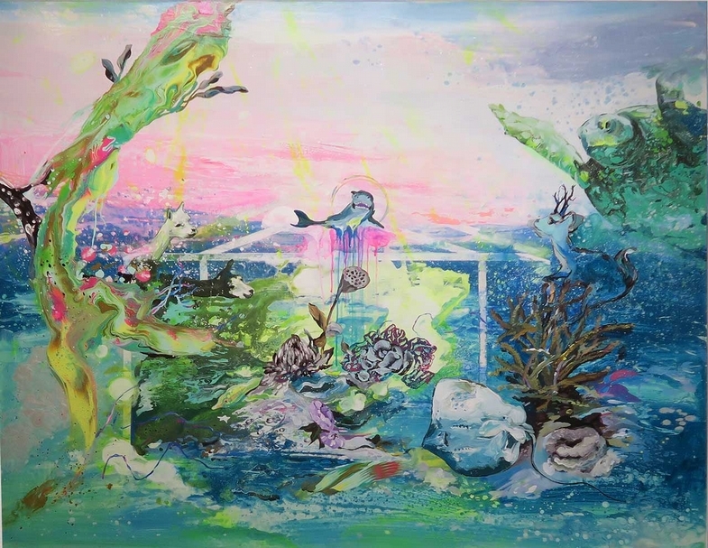藝術家謝怡如《藍鯨、小屋和潛水家》．壓克力彩、畫布．162×130 cm．2017。攝影：楊椀茹