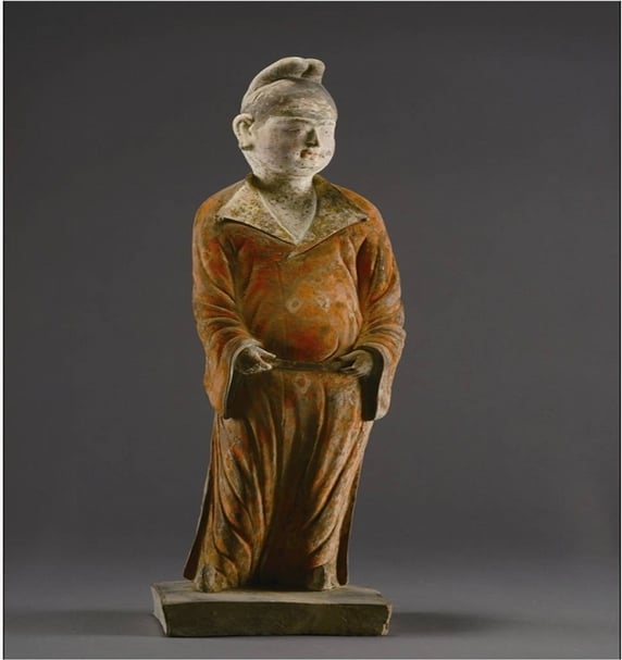 K 〈加彩女俑〉甘肅省慶城縣唐開元十八年（730）穆泰墓出土高46公分，中國甘肅慶城縣博物館藏