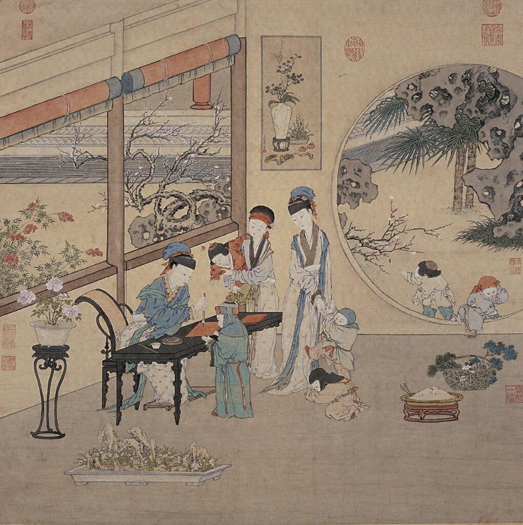金廷標(?~1767)〈曹大家授書圖〉,紙本設色軸,90.5×90.1公分,台北國立故宮博物院藏。劉芳如、張華芝編《群芳譜:女性的形象與才藝》,台北:國立故宮博物院,2003,頁102~103。