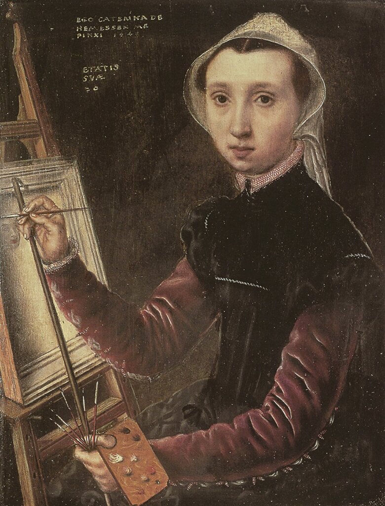 荷美桑(Caterina van Hemessen,1528~1565以後)1548年作〈自畫像〉,油畫,31×25公分,瑞士巴塞爾美術館。Ann Sutherland Harris & Linda Nochlin《Women Artists 1550-1950》,L.A. & N.Y.:Los Angeles County Museum of Art;Alfred A. Knopf, Inc., New York,1984,p.41。