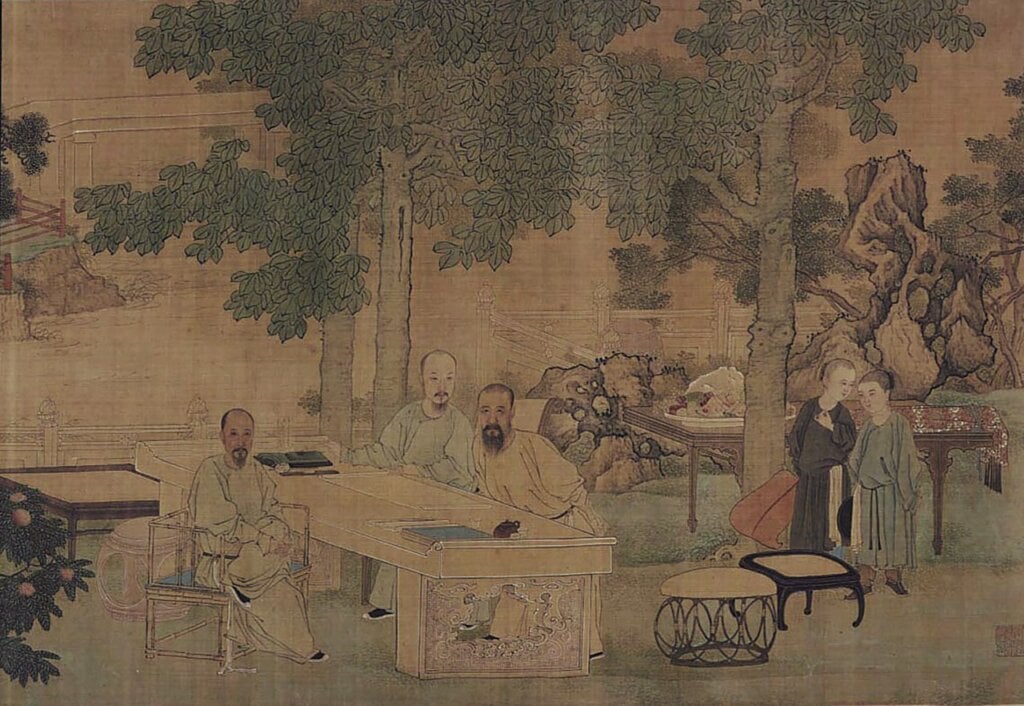 禹之鼎1682年作〈城南雅集圖〉,絹本設色,50.5×126公分。日本東京國立博物館藏。東京國立博物館畫像檢索:http://webarchives.tnm.jp/imgsearch/show/C0002654。