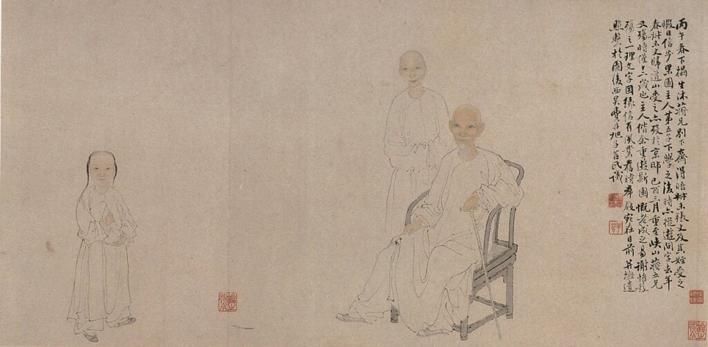 費丹旭(1801~1850)1849年作〈果園感舊圖〉,前段29×13.5公分,後段29×105.5公分,浙江省博物館藏。Robert L. Thorp & Richard Ellis Vinograd《Chinese Art and Culture》,New York:Harry N. Abrams, Inc., 2001,p.370。