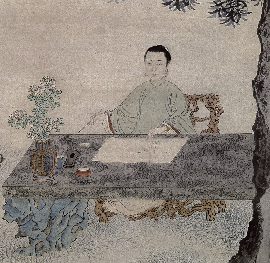 潘恭壽1790年作〈王玉燕寫蘭圖軸〉,紙本設色軸,111.5×41.6公分,北京故宮博物院藏。楊新編《明清肖像畫》,頁220~221。