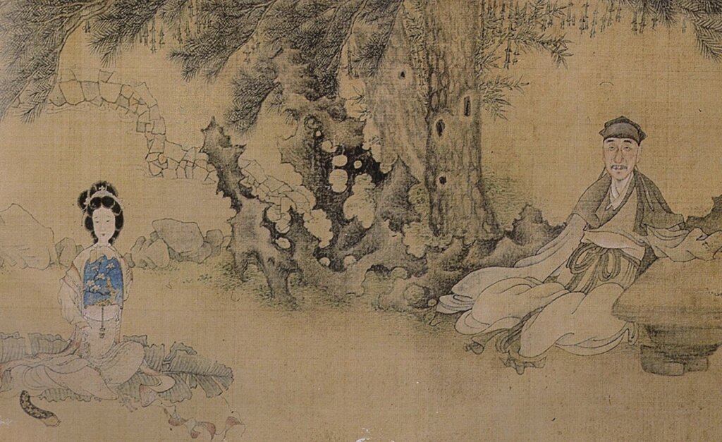 陳洪綬1649年作〈何天章行樂圖〉,絹本設色手卷,25.3×163.2公分,蘇州博物館藏。殷德儉編《陳洪綬書畫集》(下卷),頁280~281。