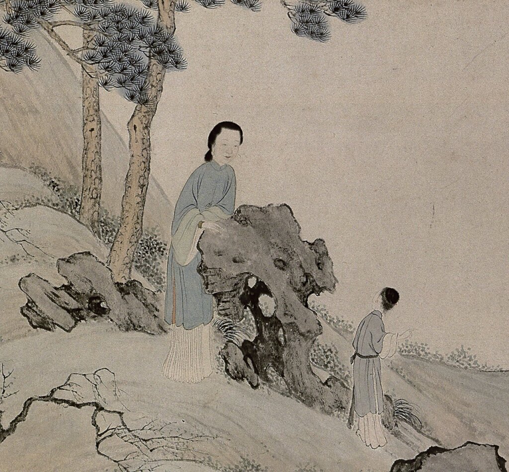 丁以誠(活動於1796~1820)1796年作〈駱綺蘭平山春望圖卷〉局部,紙本設色手卷,30×135.7公分,北京故宮博物院藏。楊新編《明清肖像畫》,頁205~207。