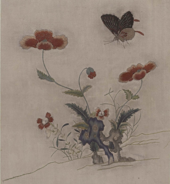 圖5 傳宋〈繡黃筌畫花鳥．繡罌粟蝴蝶〉，國立故宮博物院藏。圖∣國立故宮博物院