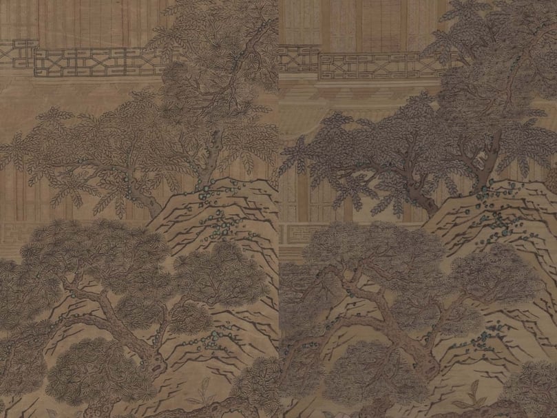 圖16 〈緙絲攢竹嵌玉石圍屏〉原件局部(左)與仿品局部(右)。圖∣史寧昌、陳楊、巨建偉、李鹿