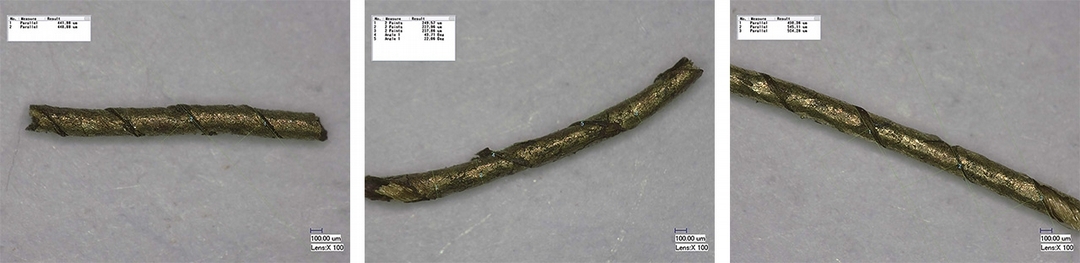 圖21 左起：清代匾額5號捻銀線、7號捻金線、及9號捻金線的數碼顯微照片。圖∣陳楊