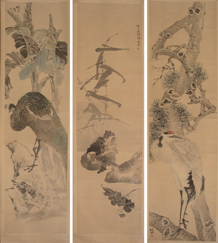 清任頤1873年作（清同治十二年）〈設色花鳥四條屏〉