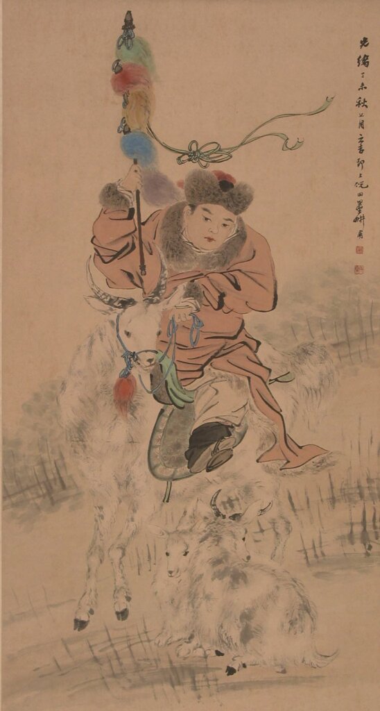 民國倪田1907年作（清光緒三十三年）〈設色三羊開泰圖〉