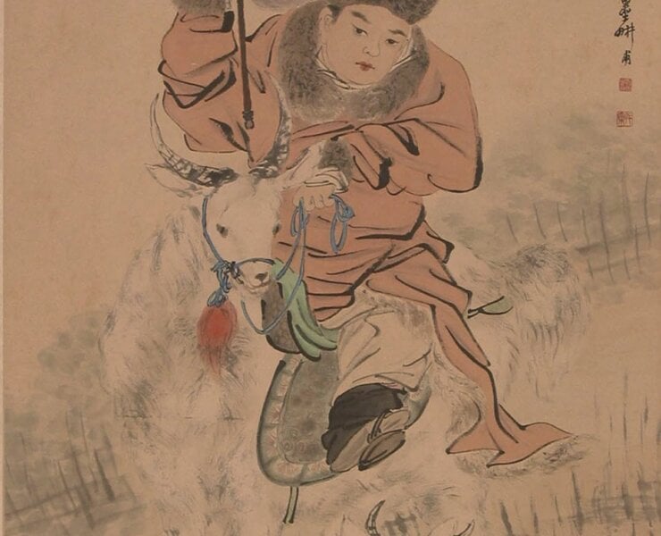 民國倪田1907年作（清光緒三十三年）〈設色三羊開泰圖〉