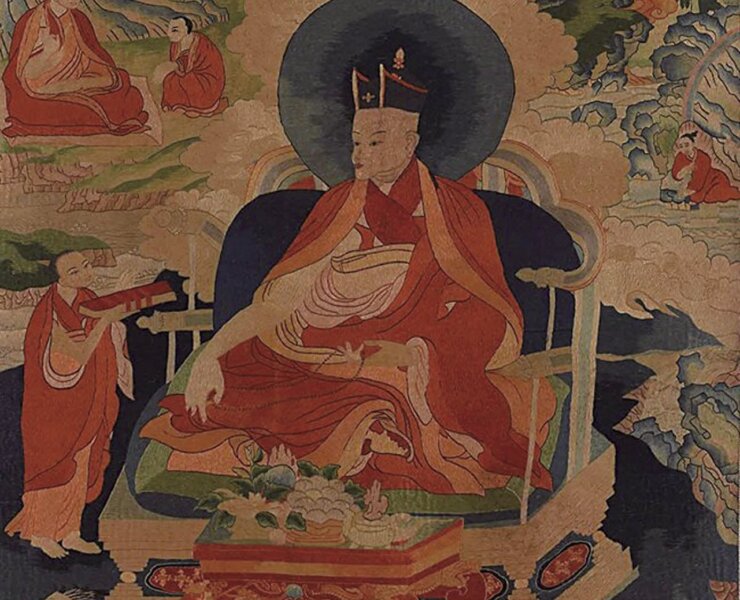 清代19～20世紀〈噶瑪巴一世刺繡唐卡〉，畫心78.5×51.5公分。