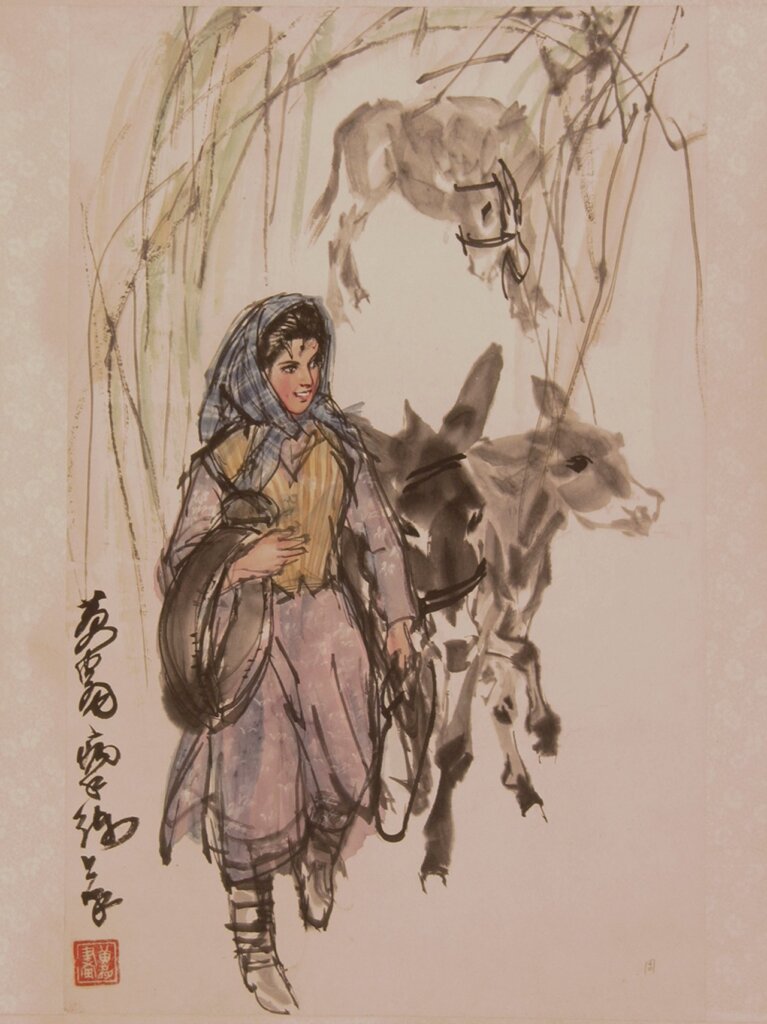 現代黃胄〈維族姑娘牽驢圖軸〉