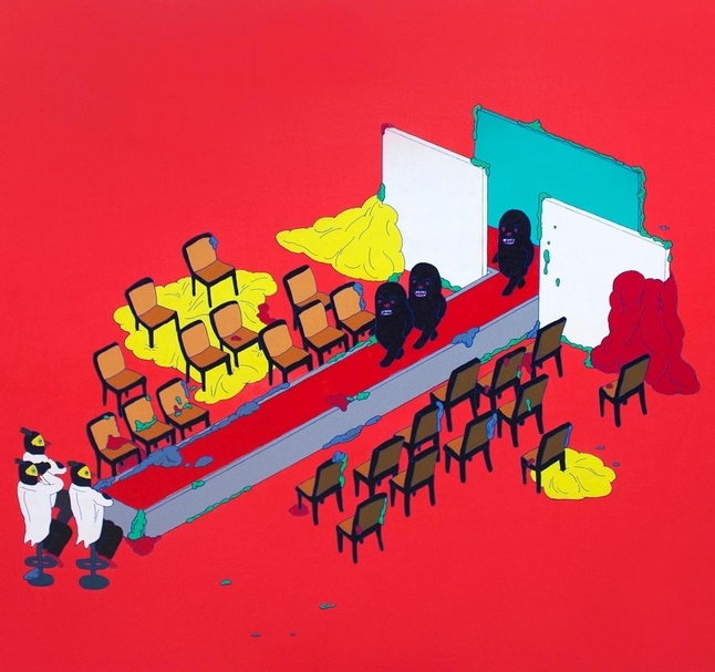 張騰遠 鸚鵡人地球觀察報告-伸展台 壓克力、畫布 100x100cm 2018 圖片提供：大雋藝術