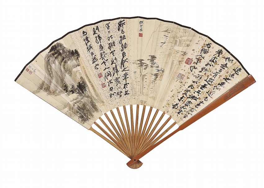 張大千〈宋元四家隔景山水；行書畫論〉成扇。圖為正反兩面。圖︱香港邦瀚斯