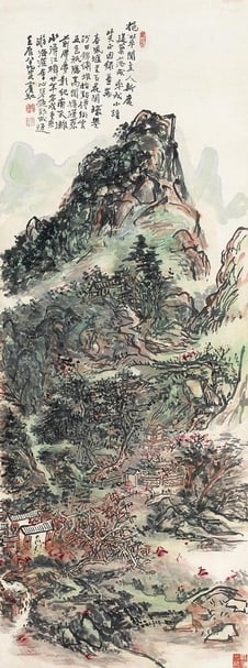 黃賓虹1952年作〈挹翠閣落成志慶圖〉，立軸設色紙本，127×47.5公分，預估價500萬～800萬港元。圖片提供：中國嘉德（香港）