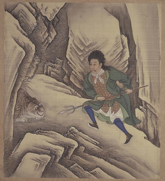 圖6 清人畫〈清世宗行樂圖．刺虎〉，設色絹本冊頁。©故宮博物院。