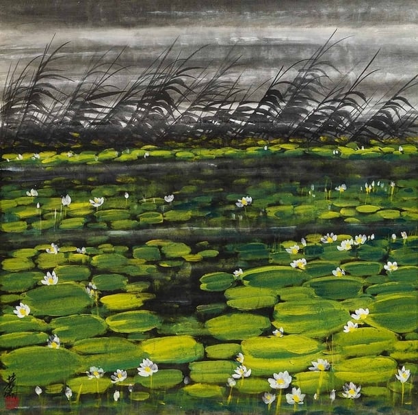 林風眠《荷塘》.彩墨、紙本.67×69 cm,約1960-1970年代。預估價:150至250萬港元。圖|嘉德香港