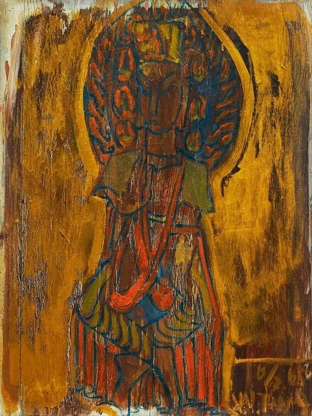 丁衍庸《交腳菩薩(雙面畫)》.油彩、木板.60.5×46 cm.1965。 預估價:400至600萬港元。圖|嘉德香港