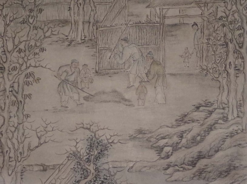 清代張若澄〈繪高宗御筆書范成大打灰堆詞〉中的打灰堆景象,國立故宮博物院藏。攝影╱藍玉琦。