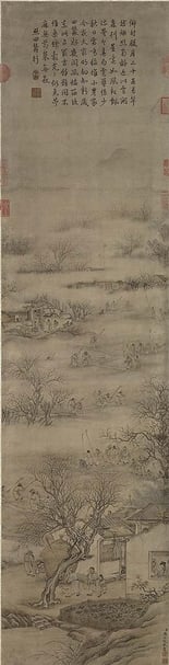清代陳士俊〈繪高宗御書范成大照田蠶行〉,112.7×28.7公分,國立故宮博物院藏。