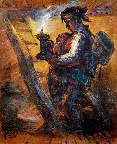 羅中立,《大巴山組畫之一——上梯的農婦》,油彩、畫布,92.5×75 cm,2000,估價:HKD 1,200,000-1,600,000(中國嘉德(香港)提供)
