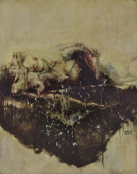 周春芽《躺著的人體、黑色的石頭》．油彩、畫布．149.2×119.2 cm．1992。圖｜保利香港