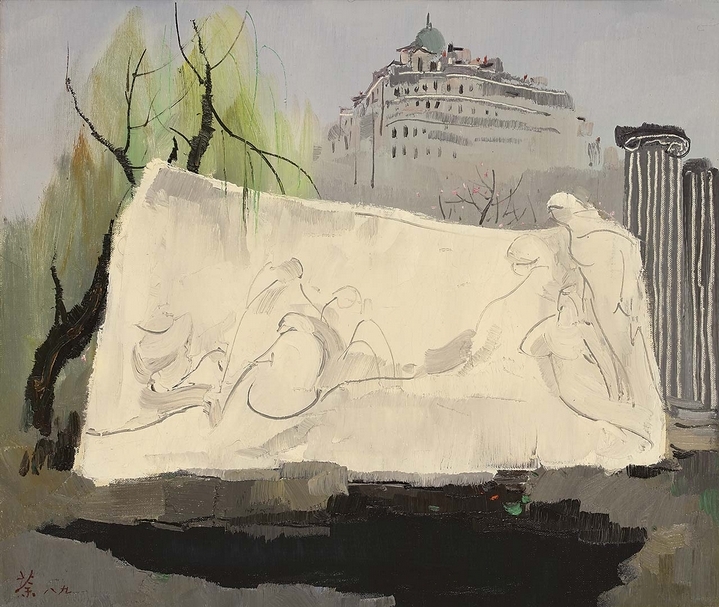 吳冠中《街頭紀念碑》．油彩、畫布．45.5×53.5 cm．1989。圖｜保利香港