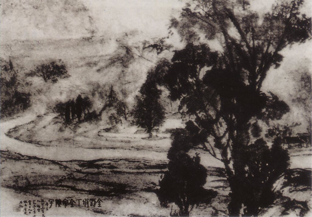 傅抱石1953年為郭沫若作〈金剛坡下全家院子〉,紙本設色,44.3×61公分,郭沫若紀念館藏。