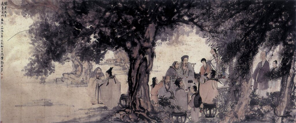 傅抱石1952年作〈九老圖〉,橫幅紙本設色,149.5×359公分,郭沫若紀念館藏。