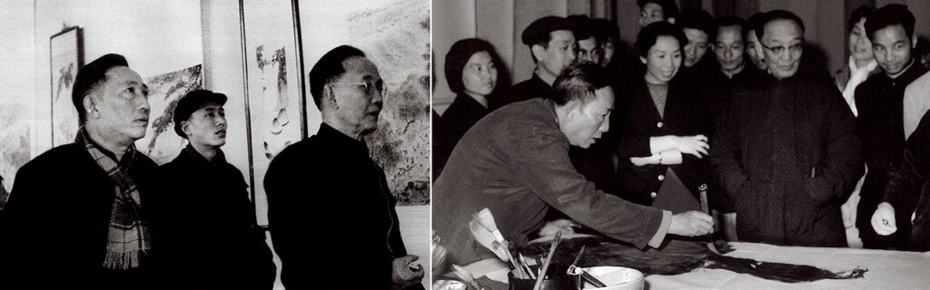1961年5月,傅抱石陪同郭沫若參觀「山河新貌」展覽(左);1963年4月,全國文聯常務理事會議期間,郭沫若觀看傅抱石作畫(右)。