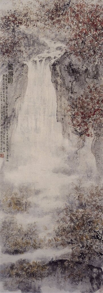 傅抱石1958年為郭沫若作〈擬《朴淵》詩意圖〉,立軸紙本設色,149.5×53.5公分,郭沫若紀念館藏。