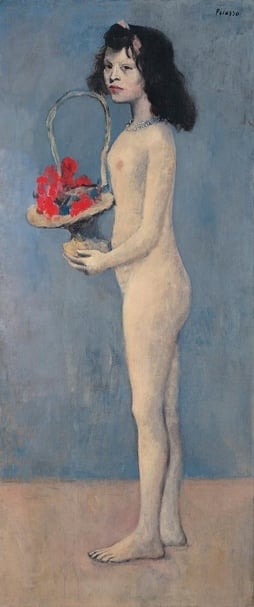 畢卡索（Pablo Picasso），《拿著花藍的女孩》（Young Naked Girl with Flower Basket），154.8x66.1cm，油彩、畫布，1905。（佳士得提供）