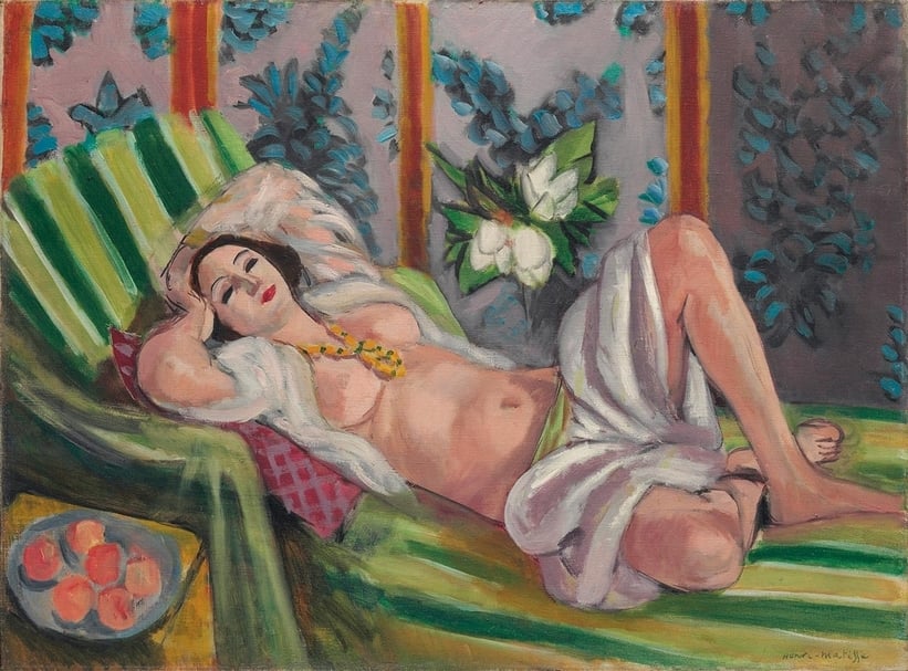 佳士得亞洲區總裁魏蔚帶來洛克菲勒世紀專拍情報馬諦斯（Henri Matisse），《側臥的宮娥與玉蘭花》（Reclining Odalisque with Magnolias），60.5x81.1cm，油彩、畫布，1923。（佳士得提供）