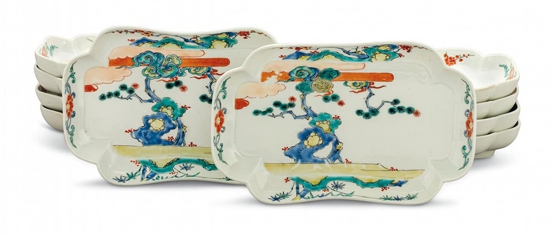 「佩吉及大衛．洛克菲勒夫婦系列珍藏」（The Collection of David and Peggy Rockefeller）網路專拍，1組10件的日本瓷盤。（佳士得提供）