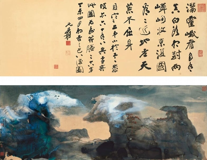張大千1967年作《春山瑞雪、行書七絕》，成交金額8,300萬港元。（香港蘇富比提供）