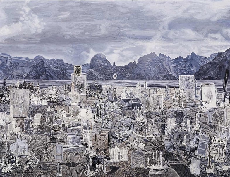 桑久保徹（Toru Kuwakubo），《阿爾伯托・賈科梅蒂工作室・斯坦帕》，油彩、畫布，112.5x145.5cm，2017。（路由藝術提供）