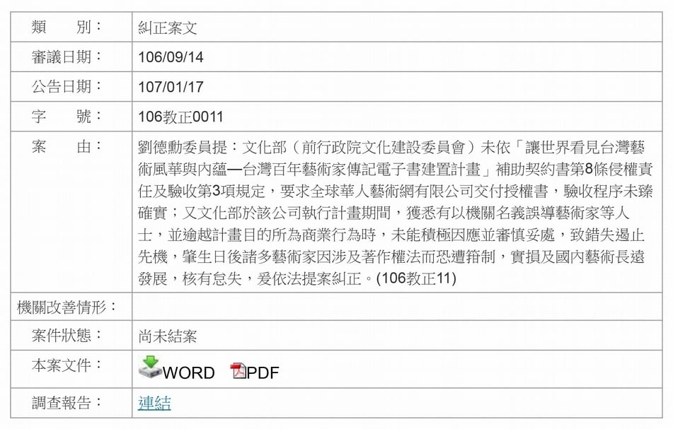 監察院公告糾正案文《106教調0011》。（擷取自監察院網站）