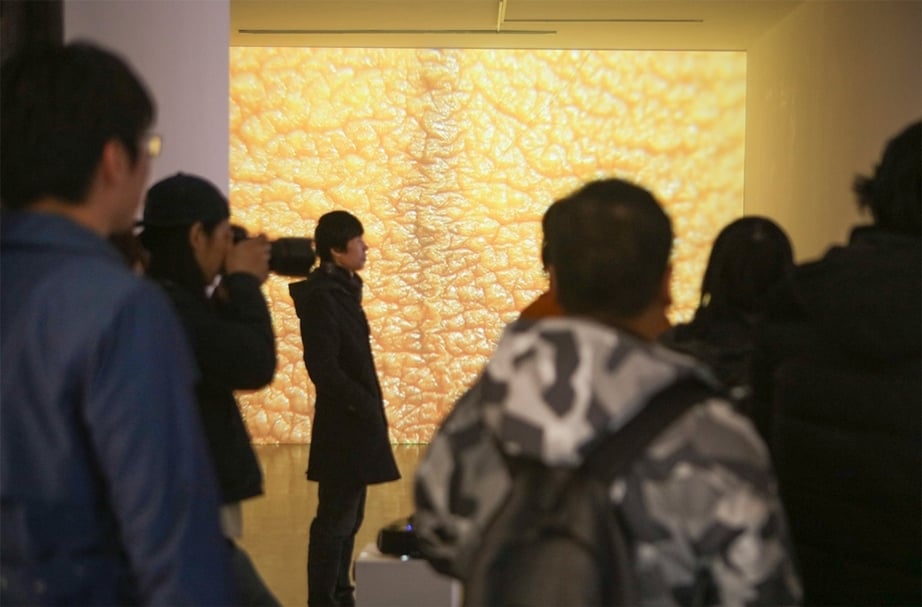 DE藝術空間開幕展現場，圖中影像作品為雎安奇的《比體溫地1.5-2攝氏度》。（DE藝術空間提供）