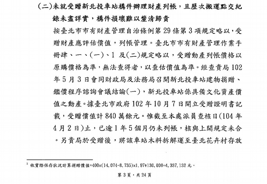 台北市政府審計處公文，直接證明新北投車站逾一年五個月沒有列帳，搬運紀錄未盡詳實。（蕭文杰提供）