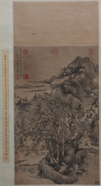 王蒙，《水墨深山幽居圖》軸，元，44.5×73公分，來源：石川宗寂翁舊藏，著錄：東京美術俱樂部出張，神田明神境內，昭和十二年七月，《某大家所藏品 石川宗寂翁愛藏品入劄》NO.136。（日本美協拍賣提供）